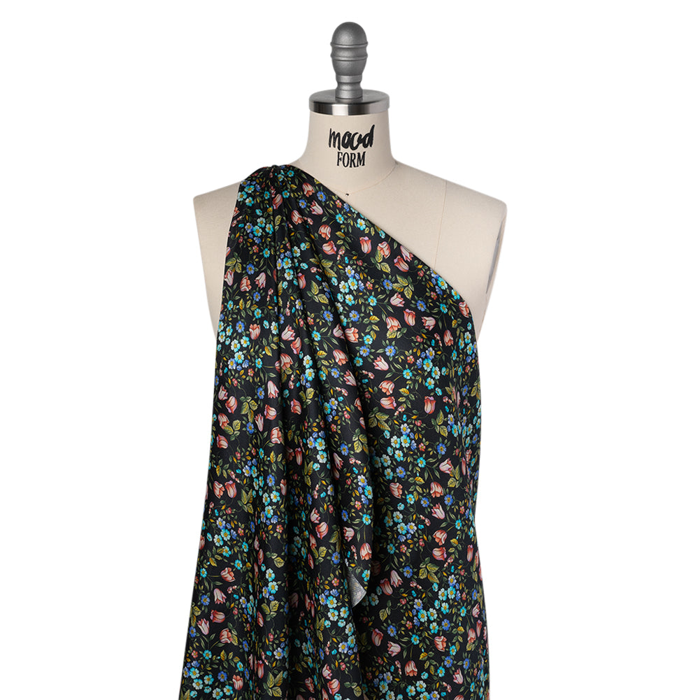 Crepe Like Silk Woven Print Made in Italy - Black, Pink and Sky Blue Little Flowers - Deadstock - Folded