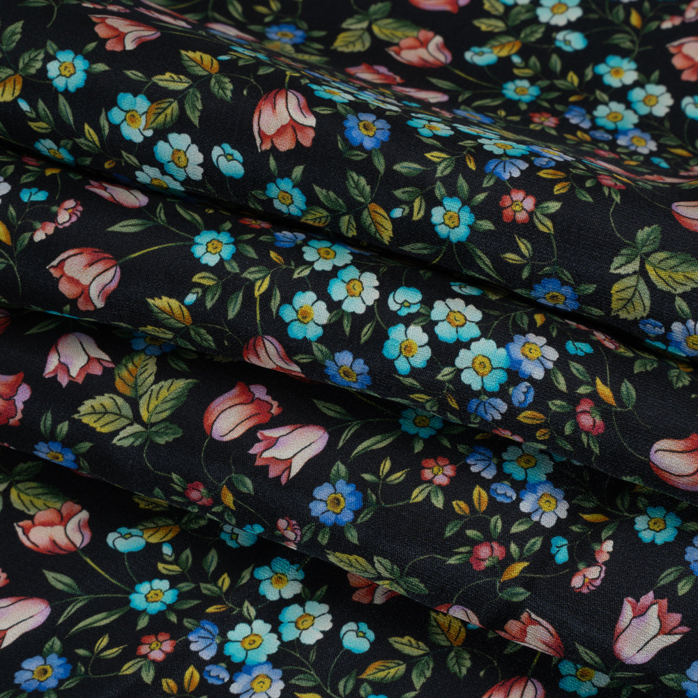 Crepe Like Silk Woven Print Made in Italy - Black, Pink and Sky Blue Little Flowers - Deadstock - Detail
