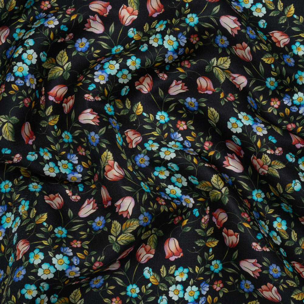 Crepe Like Silk Woven Print Made in Italy - Black, Pink and Sky Blue Little Flowers - Deadstock - Drape