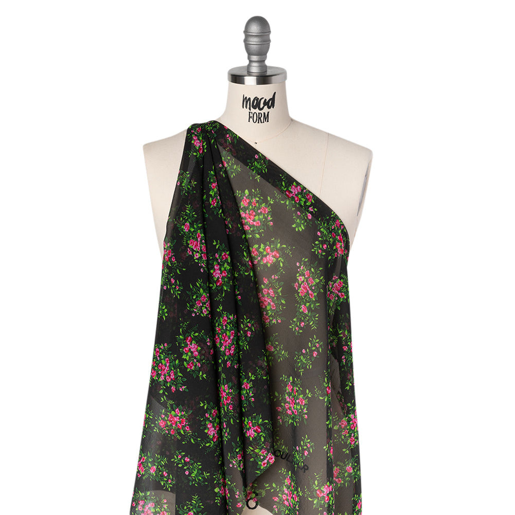 Silk Voile Print Made in Italy - Black, Green and Pink Flower Bunches - Deadstock - Folded