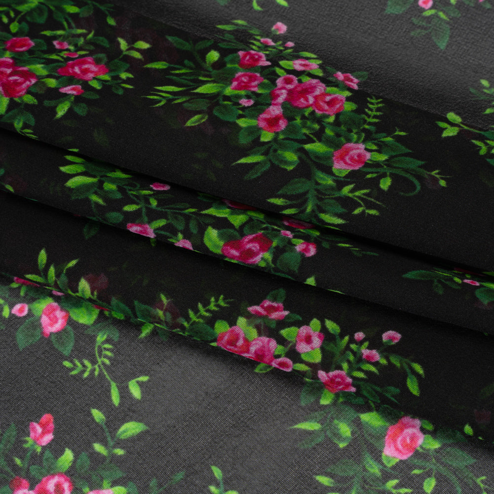 Silk Voile Print Made in Italy - Black, Green and Pink Flower Bunches - Deadstock - Detail