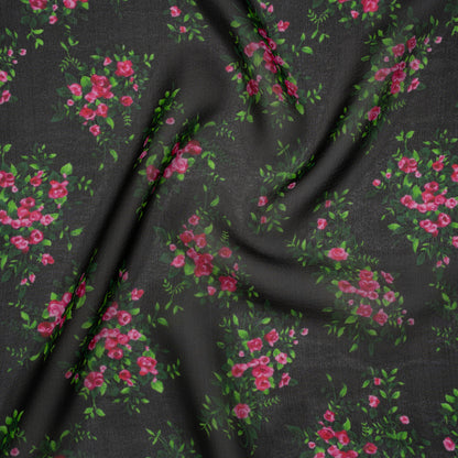 Silk Voile Print Made in Italy - Black, Green and Pink Flower Bunches - Deadstock