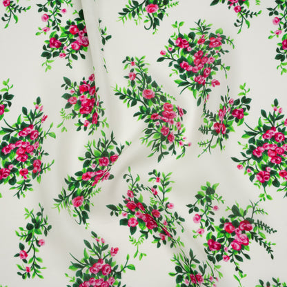 Silk Georgette Print - Pink, Green and Ivory Flower Bunches - Deadstock