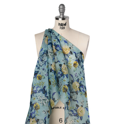 Slubbed Raw Silk Organza Print Made in Italy - Sky Blue, Ultramarine and Yellow Floral - Deadstock Folded