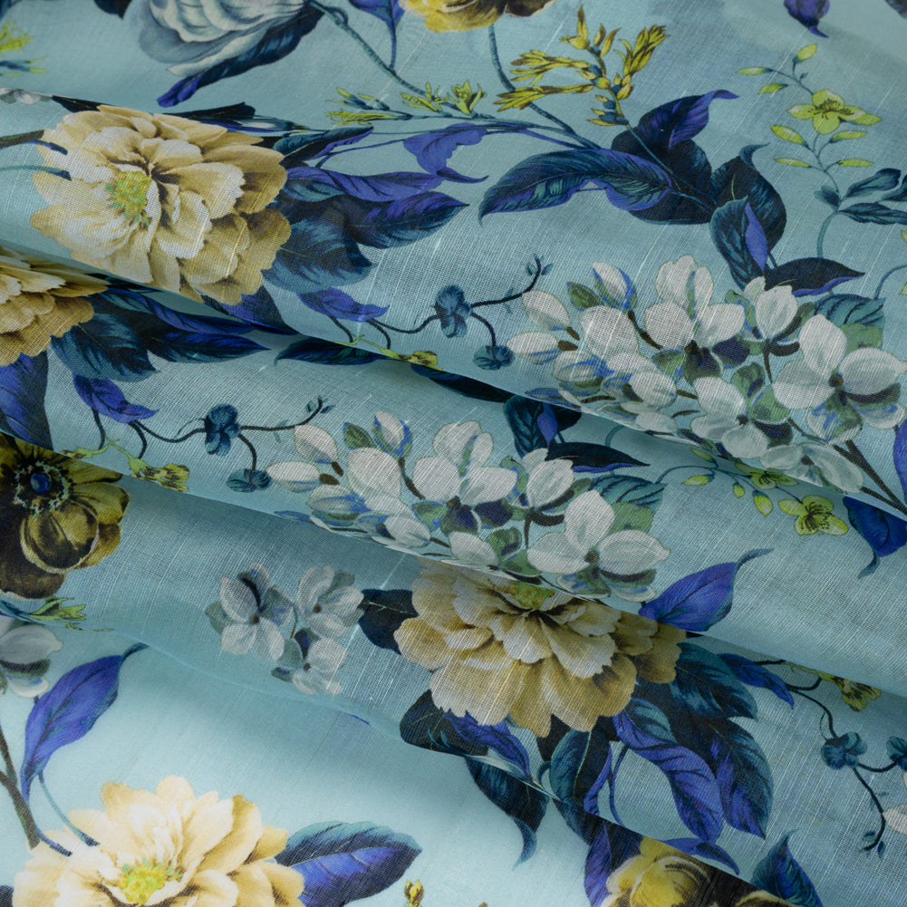Slubbed Raw Silk Organza Print Made in Italy - Sky Blue, Ultramarine and Yellow Floral - Deadstock Detail
