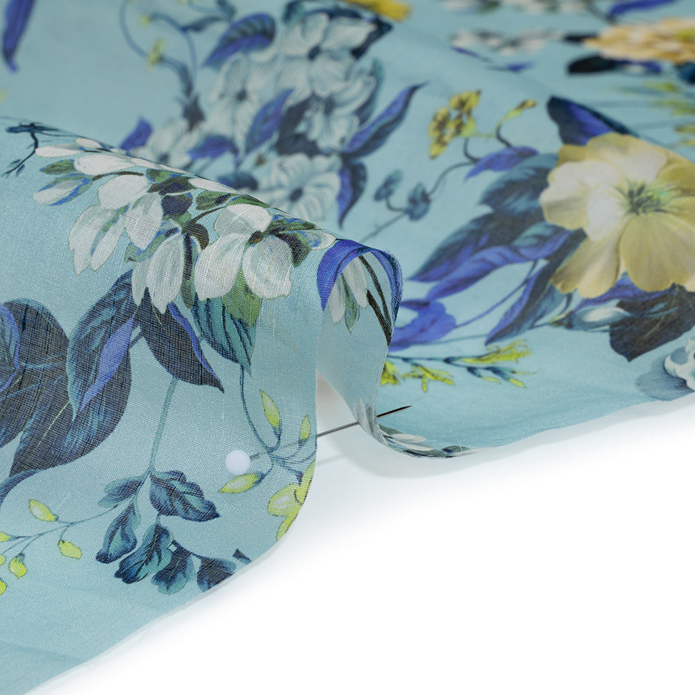 Slubbed Raw Silk Organza Print Made in Italy - Sky Blue, Ultramarine and Yellow Floral - Deadstock Full