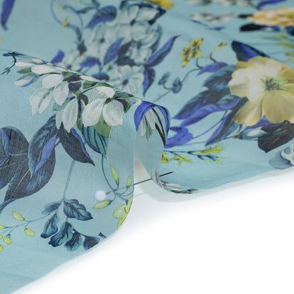 Slubbed Raw Silk Organza Print Made in Italy - Sky Blue, Ultramarine and Yellow Floral - Deadstock Full