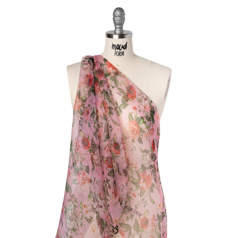 Silk Organza Print Made in Italy - Bubblegum Pink, Rose and Green Floral - Deadstock - Folded