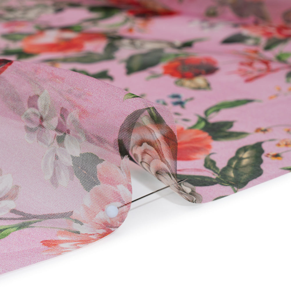 Silk Organza Print Made in Italy - Bubblegum Pink, Rose and Green Floral - Deadstock - Full - Image 4 of 5