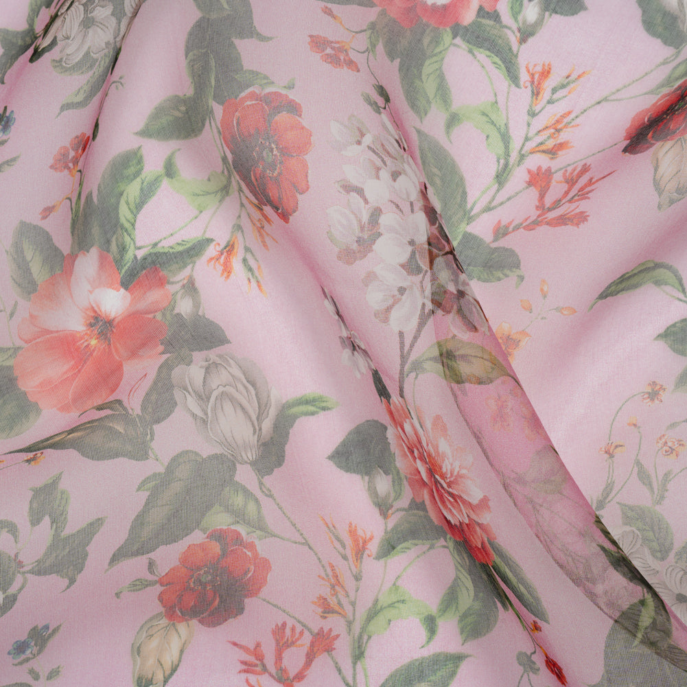 Silk Organza Print Made in Italy - Bubblegum Pink, Rose and Green Floral - Deadstock - Drape
