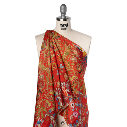 China Silk/Silk Habotai Print Made in Italy - Red, Green and Golden Yellow Flowers and Crests - Deadstock