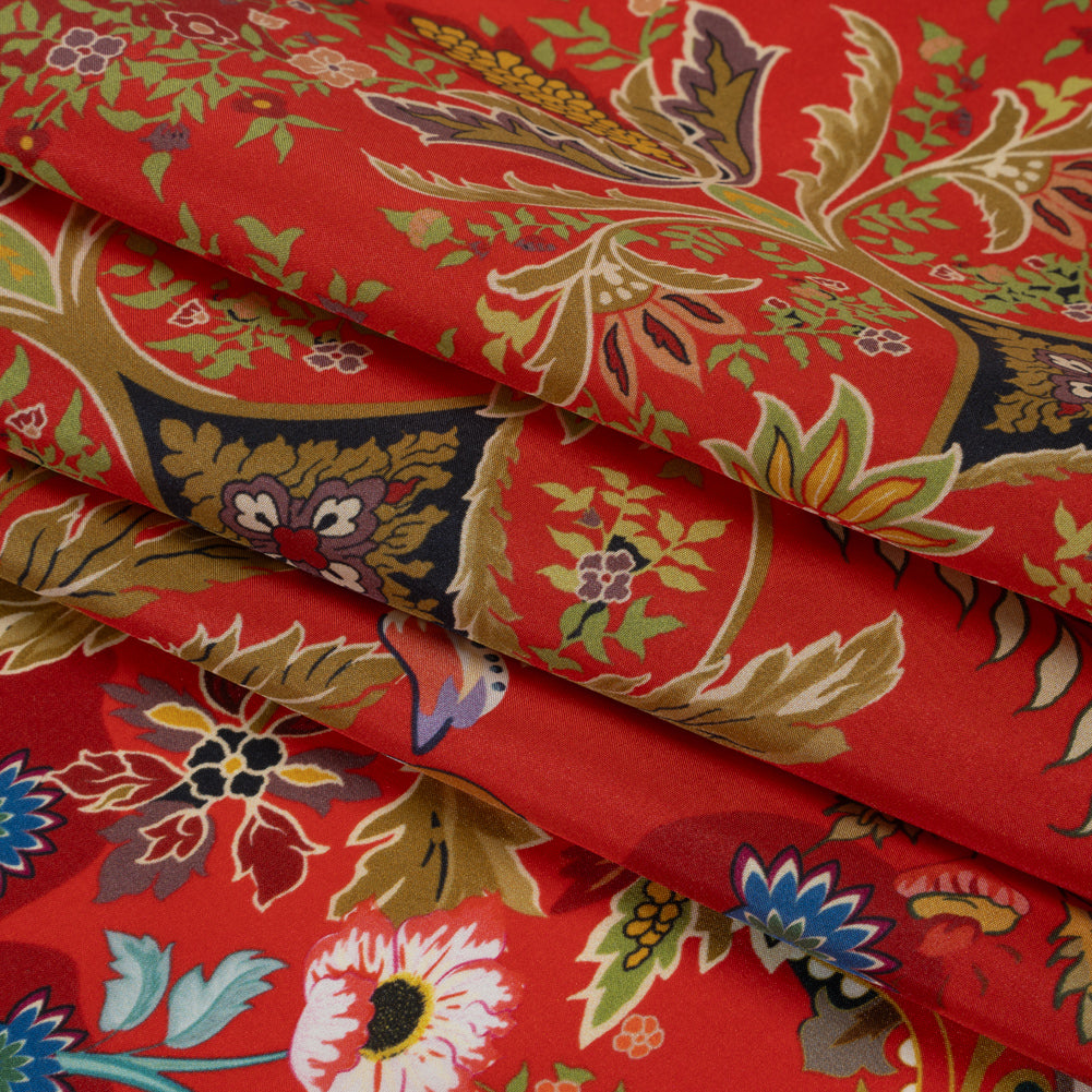 China Silk/Silk Habotai Print Made in Italy - Red, Green and Golden Yellow Flowers and Crests - Deadstock - Detail
