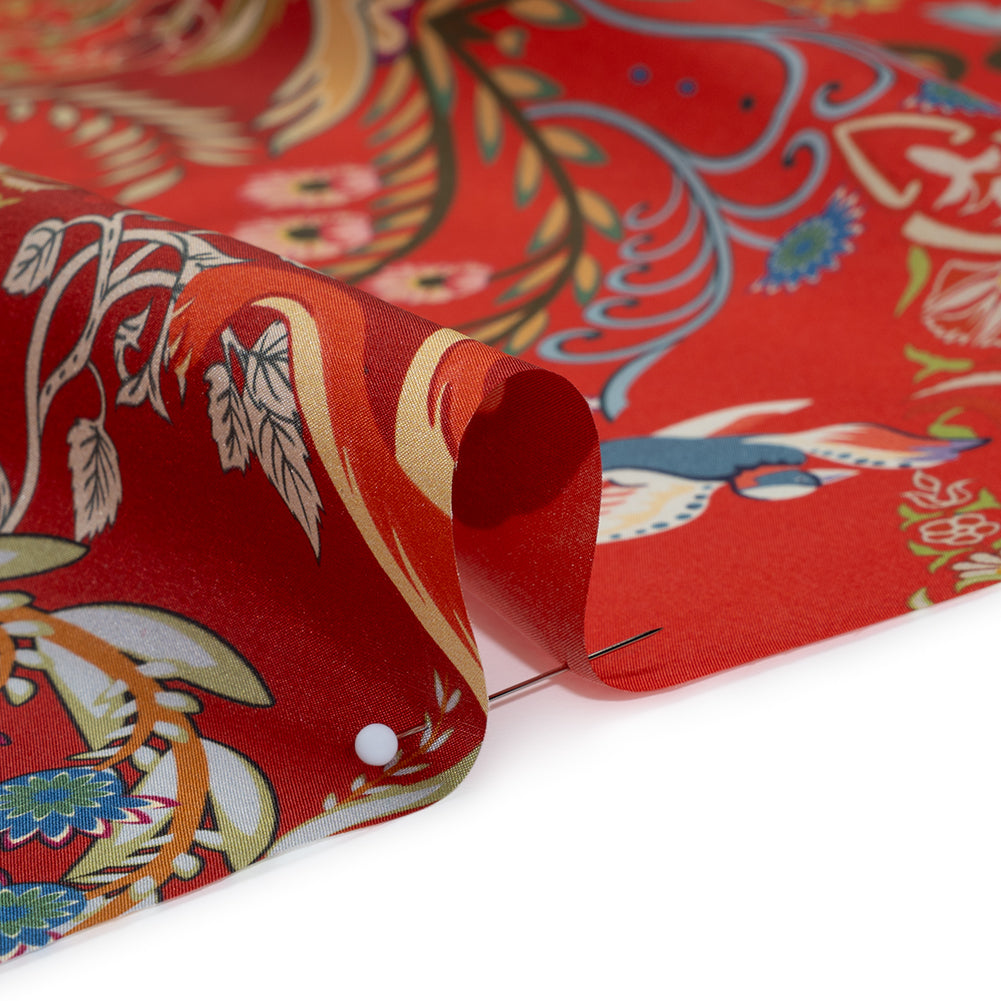 China Silk/Silk Habotai Print Made in Italy - Red, Green and Golden Yellow Flowers and Crests - Deadstock - Full