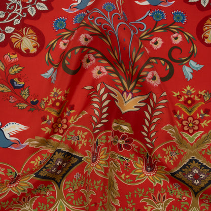 China Silk/Silk Habotai Print Made in Italy - Red, Green and Golden Yellow Flowers and Crests - Deadstock