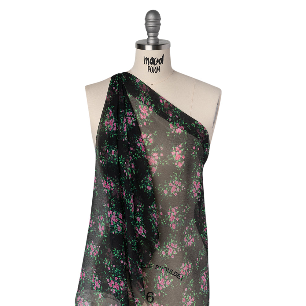 Crinkled Silk Chiffon Print Made in Italy - Black, Green and Pink Flower Bunches - Deadstock - Folded