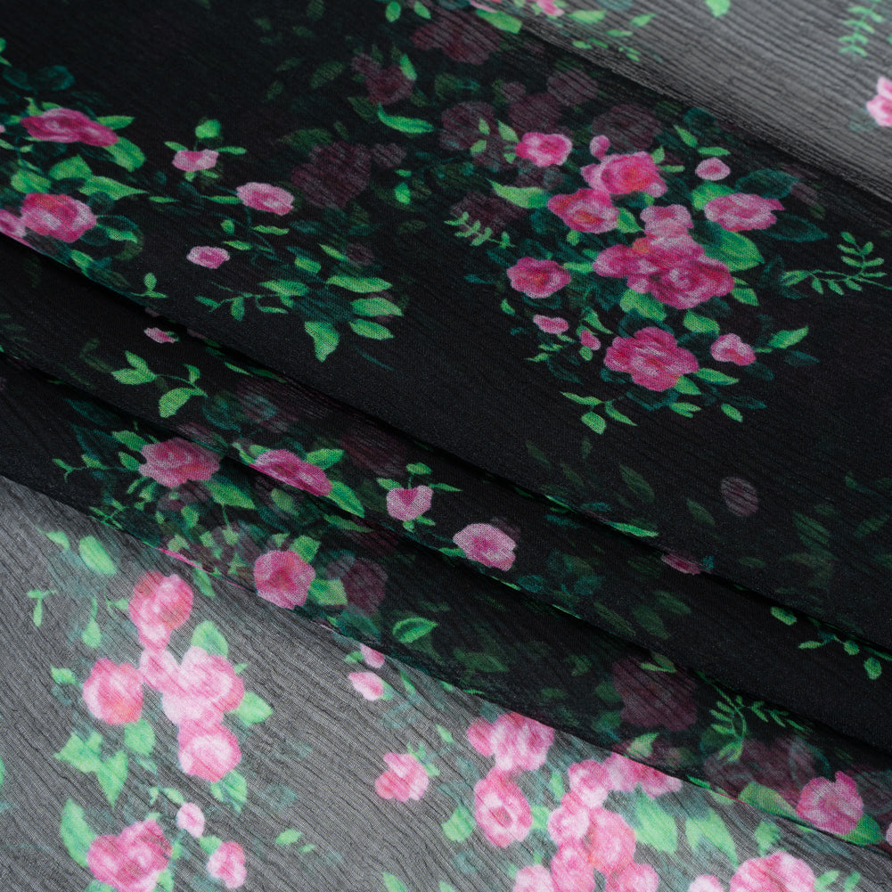 Crinkled Silk Chiffon Print Made in Italy - Black, Green and Pink Flower Bunches - Deadstock - Detail