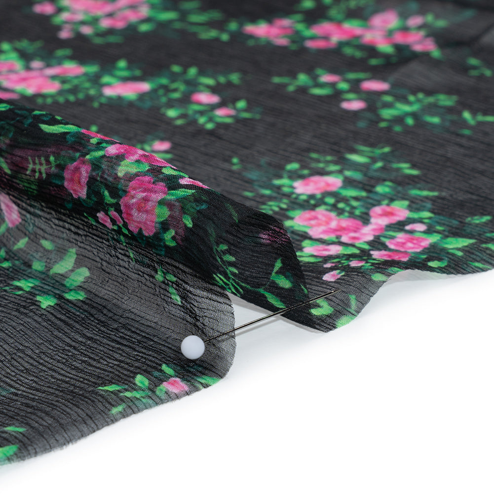 Crinkled Silk Chiffon Print Made in Italy - Black, Green and Pink Flower Bunches - Deadstock - Full - Image 4 of 5