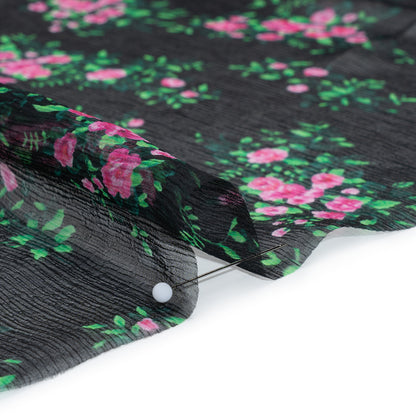 Crinkled Silk Chiffon Print Made in Italy - Black, Green and Pink Flower Bunches - Deadstock