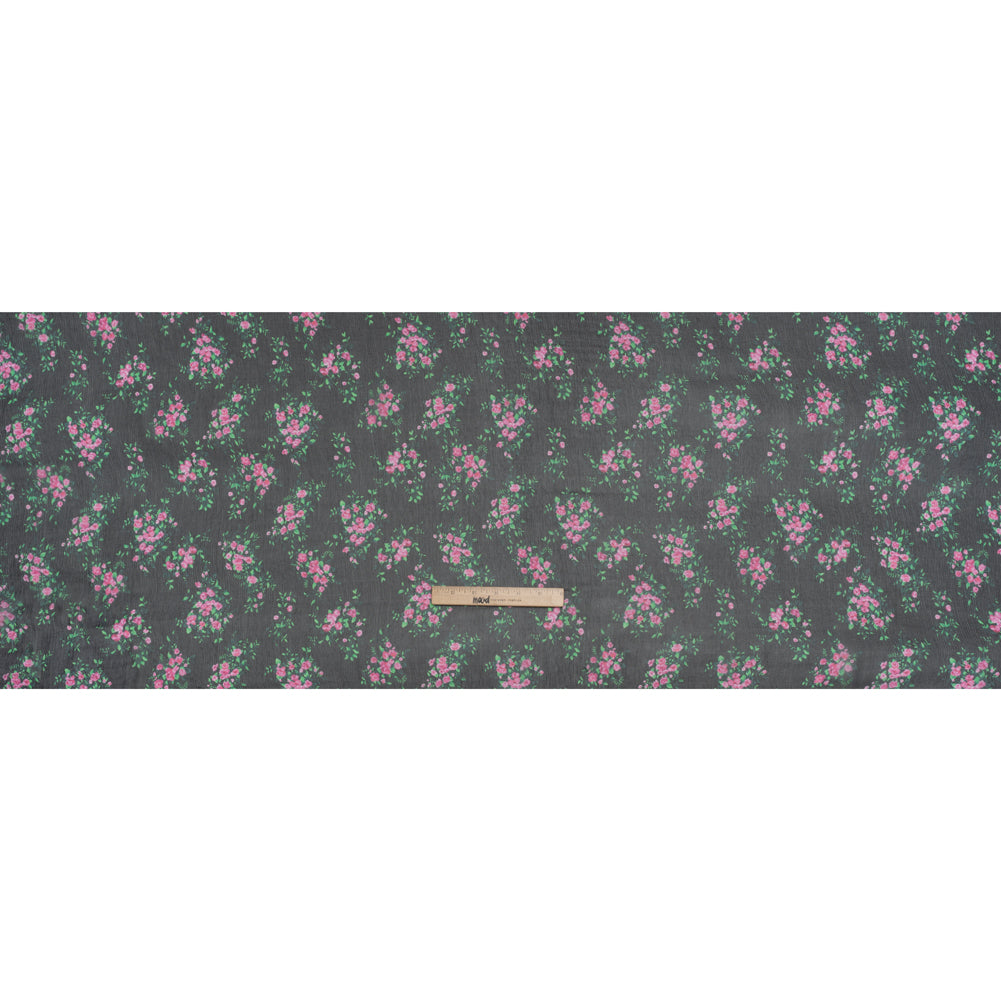 Crinkled Silk Chiffon Print Made in Italy - Black, Green and Pink Flower Bunches - Deadstock - Full - Image 5 of 5