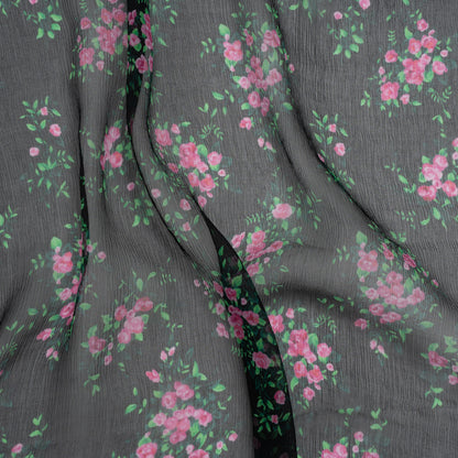 Crinkled Silk Chiffon Print Made in Italy - Black, Green and Pink Flower Bunches - Deadstock