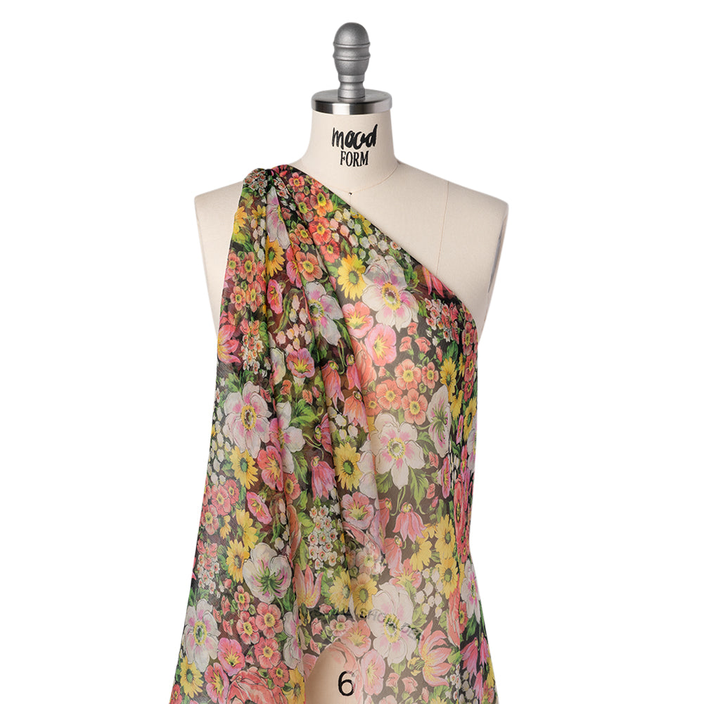 Silk Voile Print Made in Italy - Pink, Yellow and Green Flower Garden - Deadstock - Folded