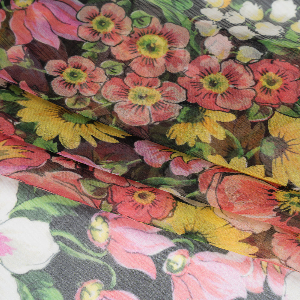 Silk Voile Print Made in Italy - Pink, Yellow and Green Flower Garden - Deadstock - Detail