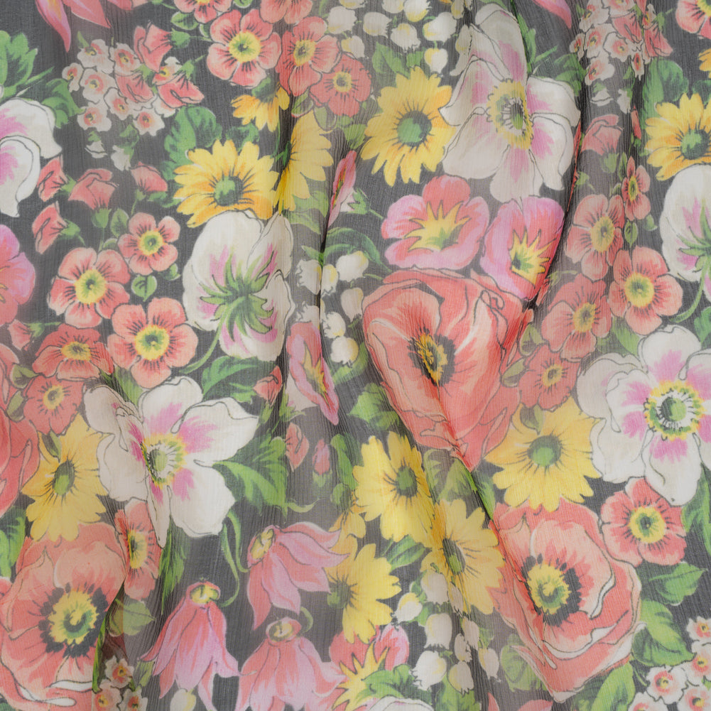 Silk Voile Print Made in Italy - Pink, Yellow and Green Flower Garden - Deadstock - Drape