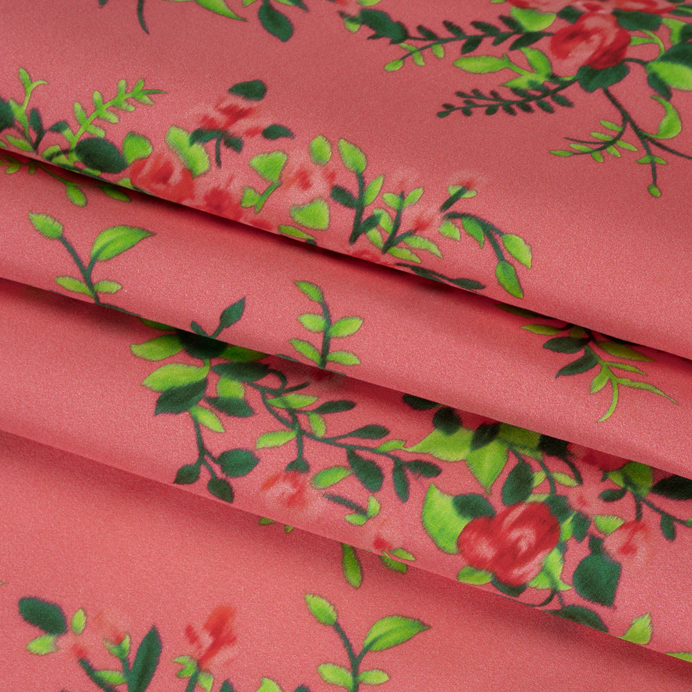 Silk Woven Print Made in Italy - Rose Pink, Red and Green Flower Bunches - Deadstock - Detail