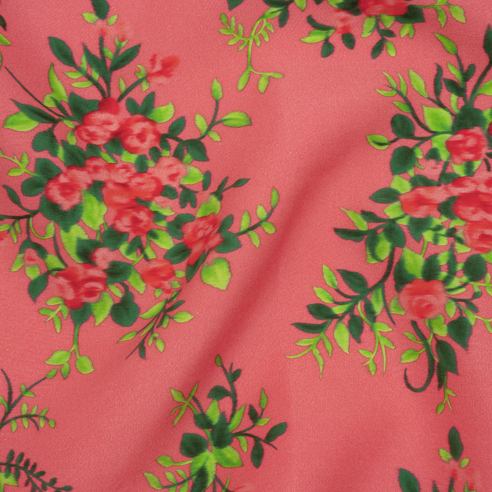 Silk Woven Print Made in Italy - Rose Pink, Red and Green Flower Bunches - Deadstock - Drape