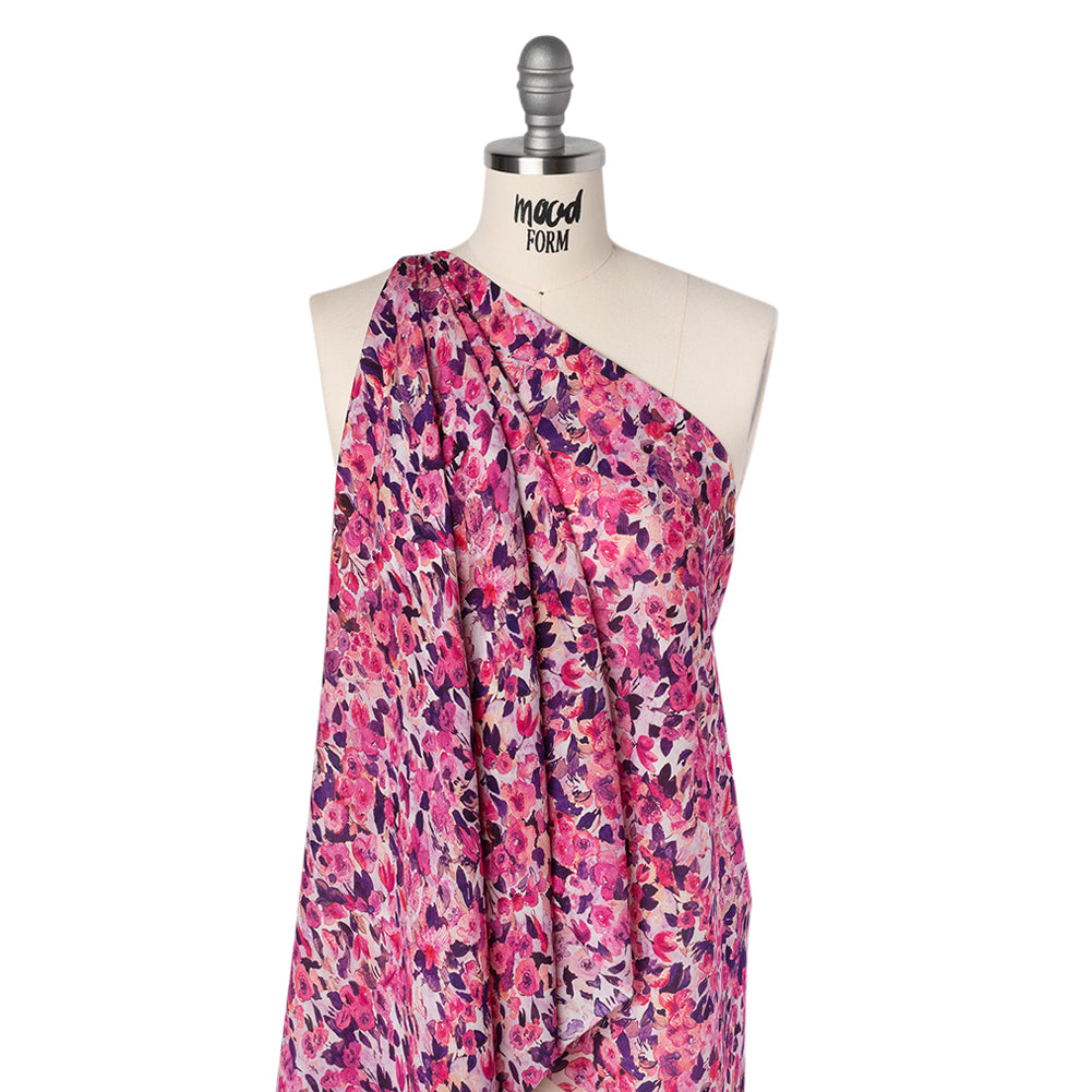 Silk Georgette Print Made in Italy - Pink, Dark Purple and Lavender Watercolor Roses - Deadstock - Folded