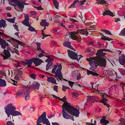 Silk Georgette Print Made in Italy - Pink, Dark Purple and Lavender Watercolor Roses - Deadstock