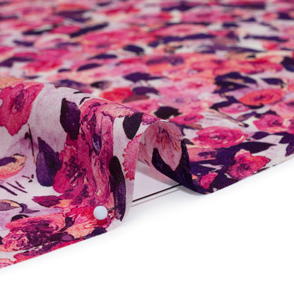 Silk Georgette Print Made in Italy - Pink, Dark Purple and Lavender Watercolor Roses - Deadstock