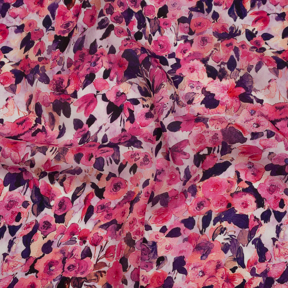 Silk Georgette Print Made in Italy - Pink, Dark Purple and Lavender Watercolor Roses - Deadstock - Drape