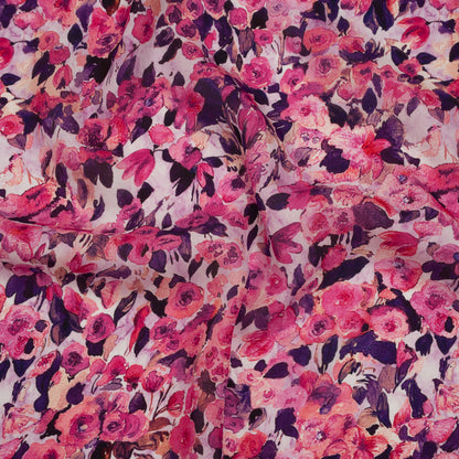 Silk Georgette Print Made in Italy - Pink, Dark Purple and Lavender Watercolor Roses - Deadstock