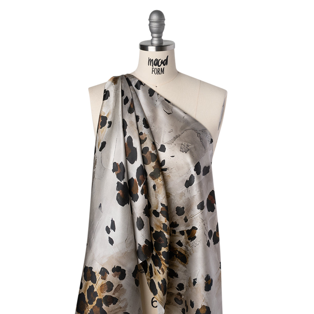 Silk Satin Print Made in Italy - Brown, Beige and Gray Painted Animal Spots - Deadstock - Folded