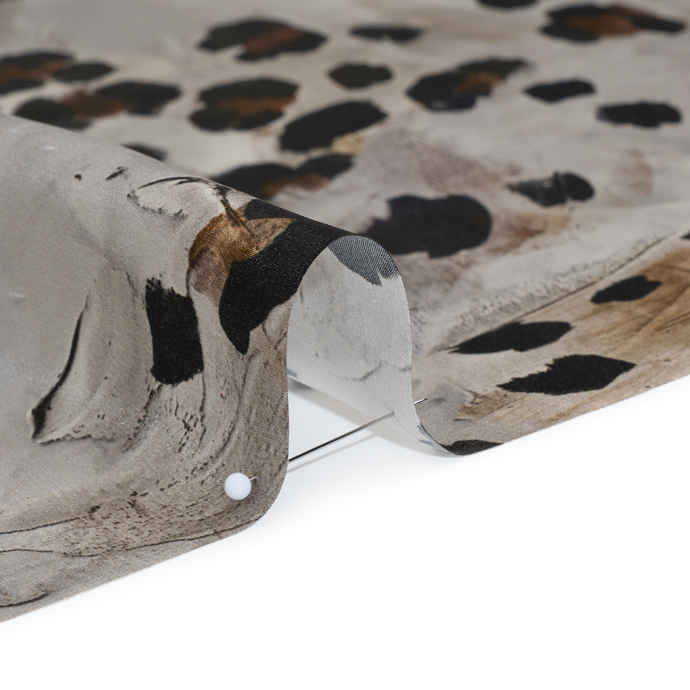 Silk Satin Print Made in Italy - Brown, Beige and Gray Painted Animal Spots - Deadstock - Full - Image 4 of 5