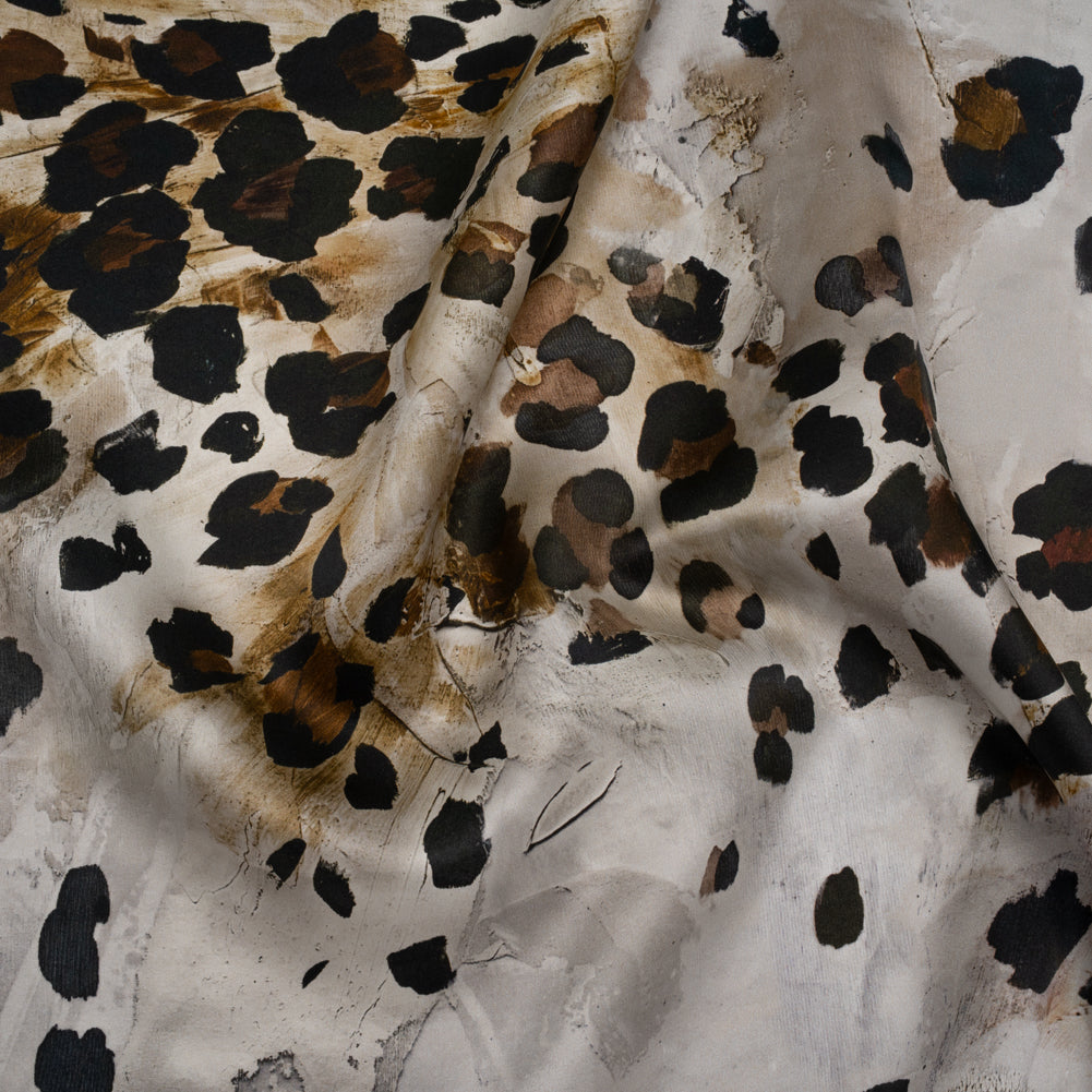 Silk Satin Print Made in Italy - Brown, Beige and Gray Painted Animal Spots - Deadstock - Drape