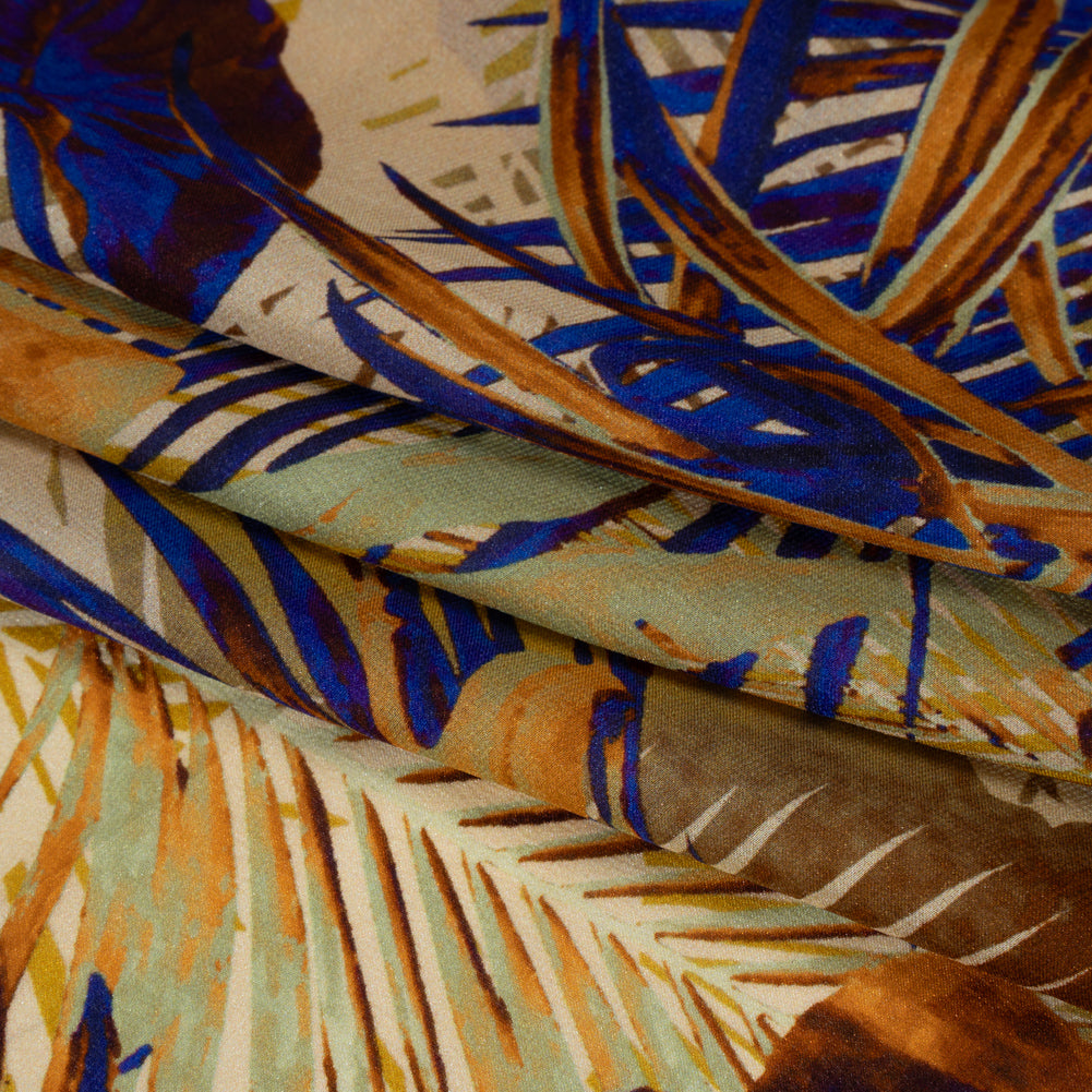 Satin Faced Silk Chiffon Print Made in Italy - Gold, Brown and Ultramarine Blue Palms and Tropical Leaves - Deadstock - Detail