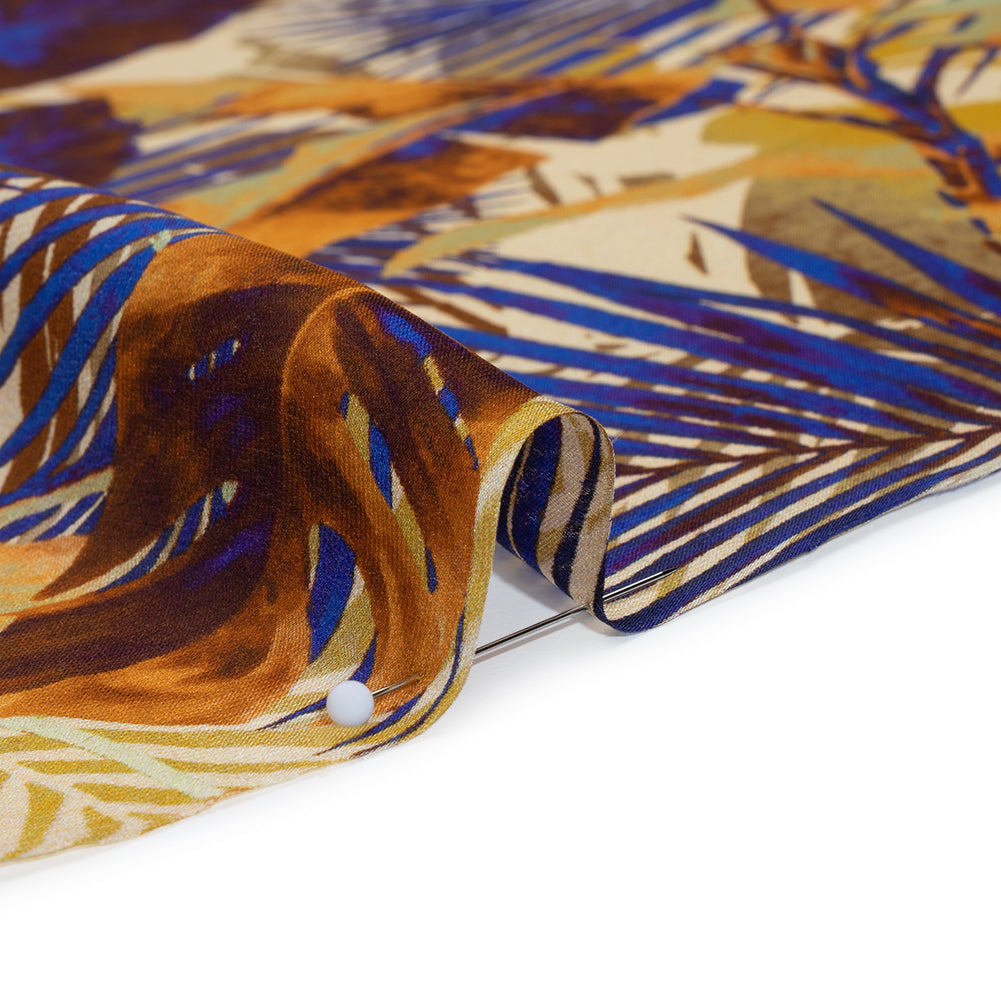 Satin Faced Silk Chiffon Print Made in Italy - Gold, Brown and Ultramarine Blue Palms and Tropical Leaves - Deadstock - Full