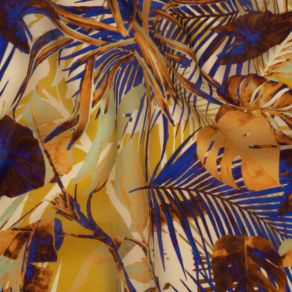 Satin Faced Silk Chiffon Print Made in Italy - Gold, Brown and Ultramarine Blue Palms and Tropical Leaves - Deadstock - Drape