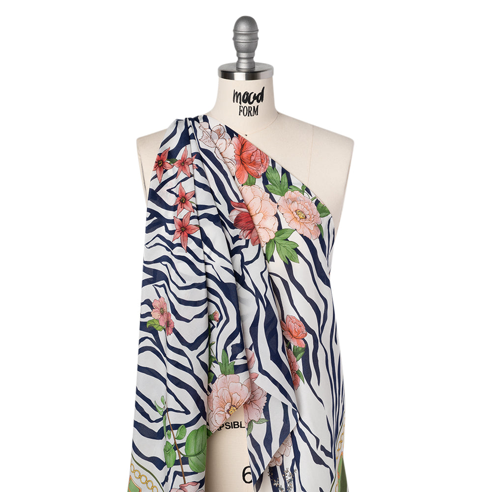 Silk Crepe de Chine Print Made in Italy - Navy, Pink and Green Zebra Stripes, Flowers and Chain Borders - Deadstock - Folded