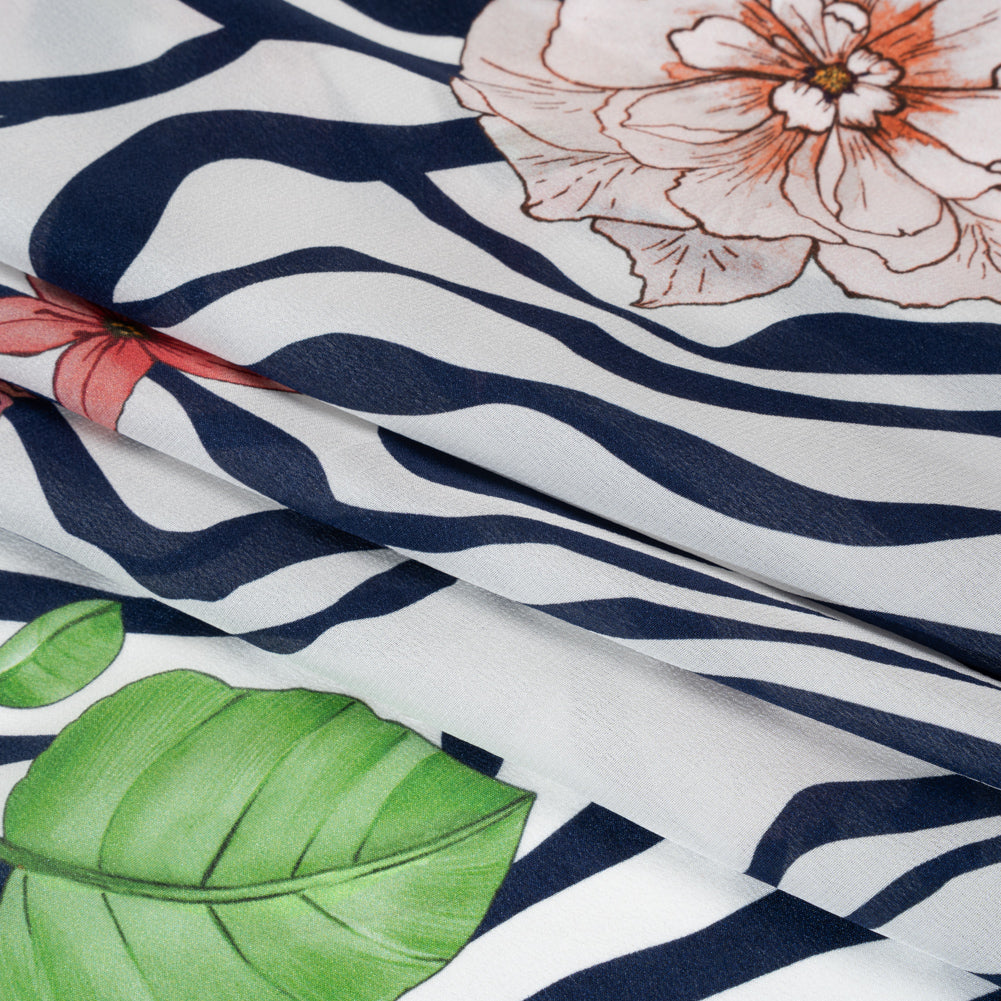 Silk Crepe de Chine Print Made in Italy - Navy, Pink and Green Zebra Stripes, Flowers and Chain Borders - Deadstock - Detail