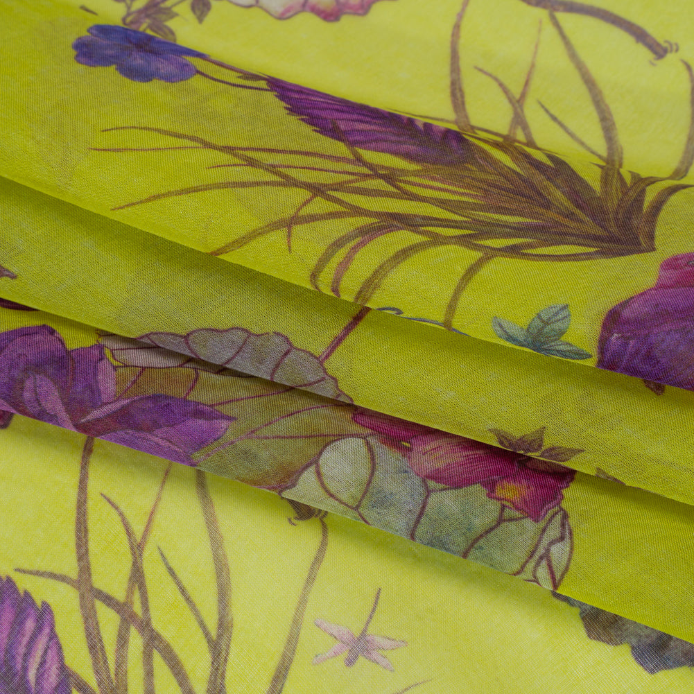 Silk Voile Print Made in Italy - Chartreuse Green, Purple and Blue Tropical Flora and Fauna - Deadstock - Detail