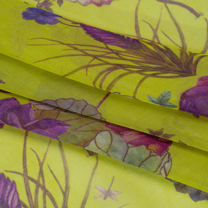 Silk Voile Print Made in Italy - Chartreuse Green, Purple and Blue Tropical Flora and Fauna - Deadstock