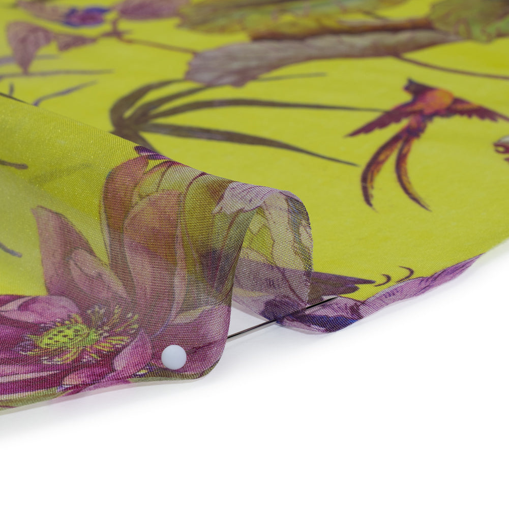 Silk Voile Print Made in Italy - Chartreuse Green, Purple and Blue Tropical Flora and Fauna - Deadstock - Full - Image 4 of 5