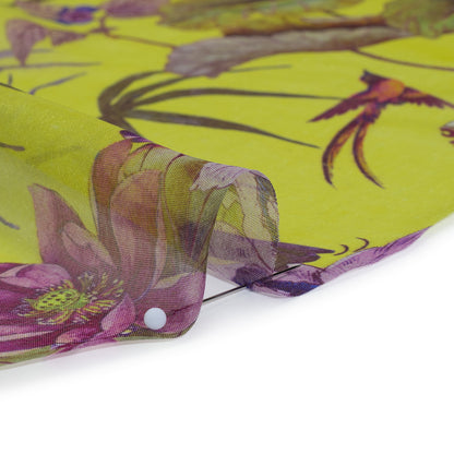Silk Voile Print Made in Italy - Chartreuse Green, Purple and Blue Tropical Flora and Fauna - Deadstock