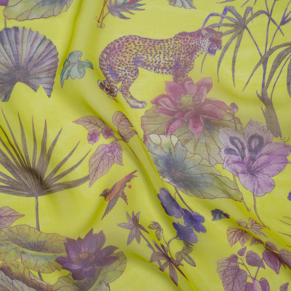 Silk Voile Print Made in Italy - Chartreuse Green, Purple and Blue Tropical Flora and Fauna - Deadstock - Drape