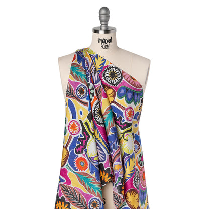 Silk Shantung Print Made in Italy - Blue, Lime and Brown Stylized Flowers and Leaves - Deadstock