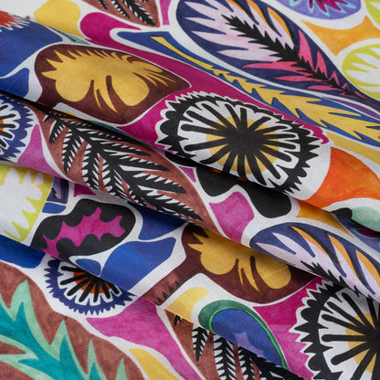 Silk Shantung Print Made in Italy - Blue, Lime and Brown Stylized Flowers and Leaves - Deadstock