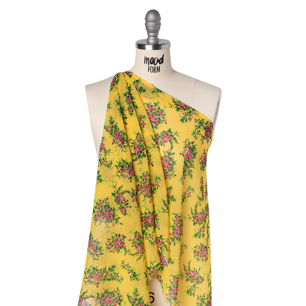 Silk Chiffon Print Made in Italy - Sunny Yellow, Green and Pink Flower Bunches - Deadstock - Folded